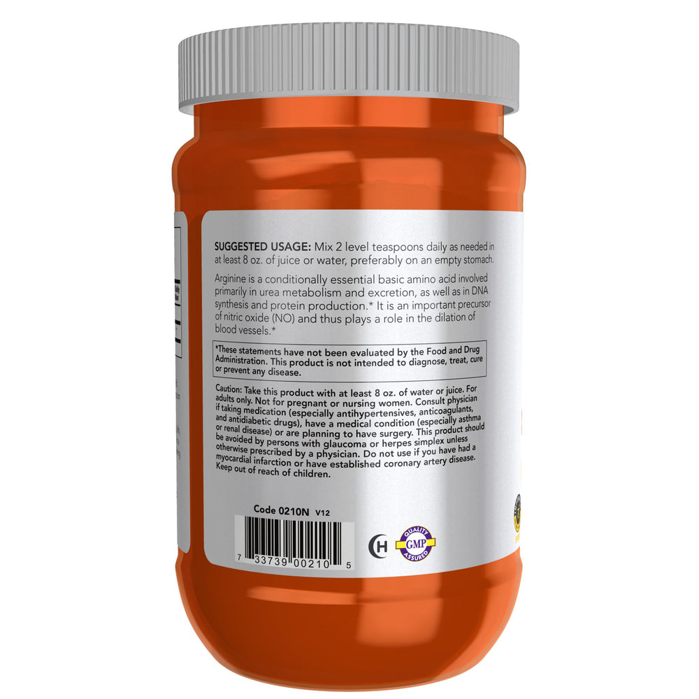 Close up of NOW L-Arginine powder packaging with scoop