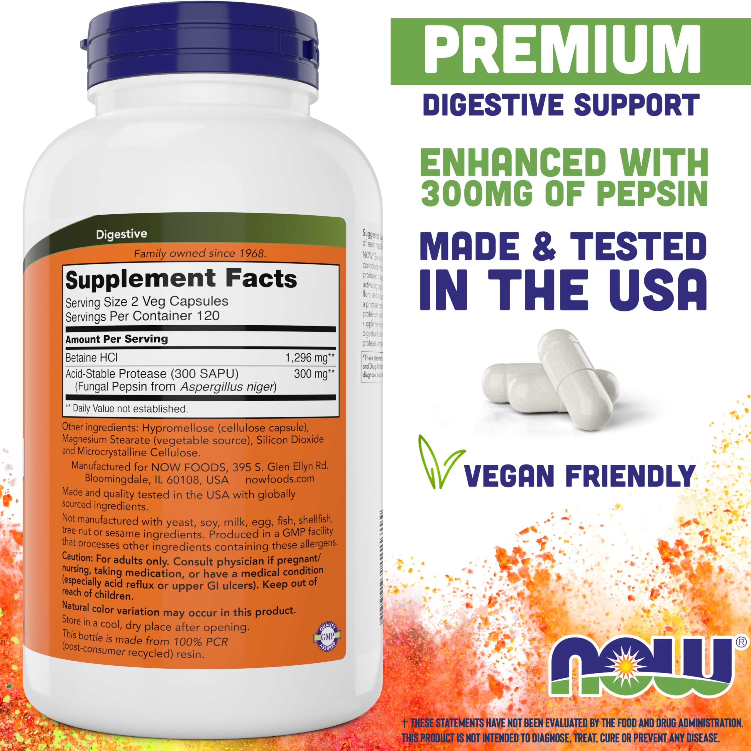 Close-up of NOW Betaine HCl 648 mg label