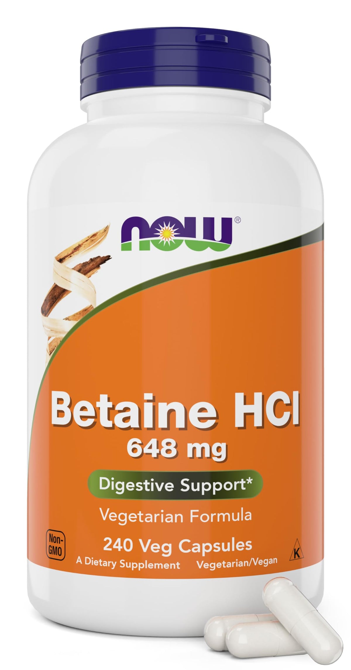 NOW Betaine HCl 648 mg bottle label
