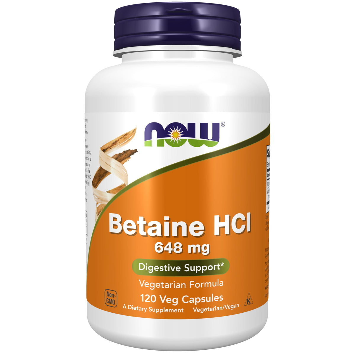 NOW Foods Betaine HCl 648 mg Vegetarian Formula bottle label