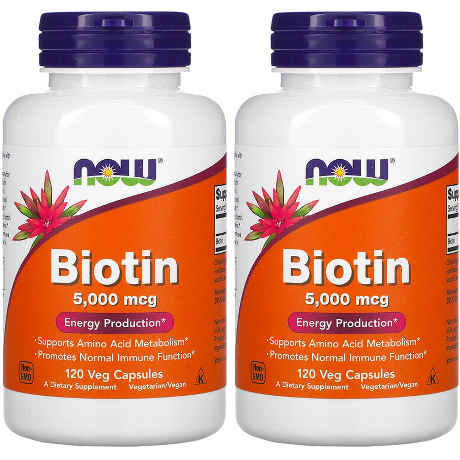 NOW Biotin 5,000 mcg bottle pack of 2 - 120 VCaps each