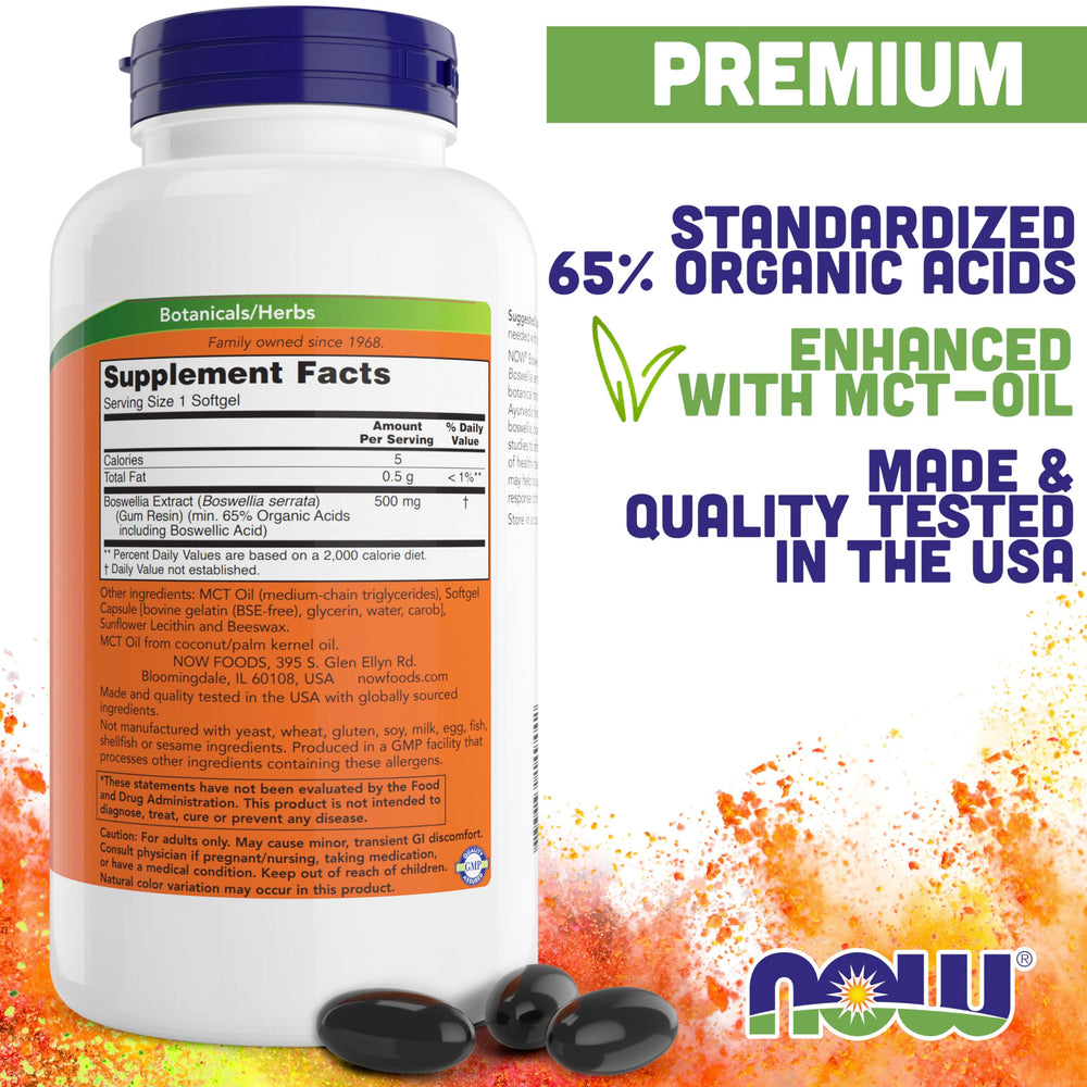 Front view of 200 softgels bottle for Now Boswellia Extract