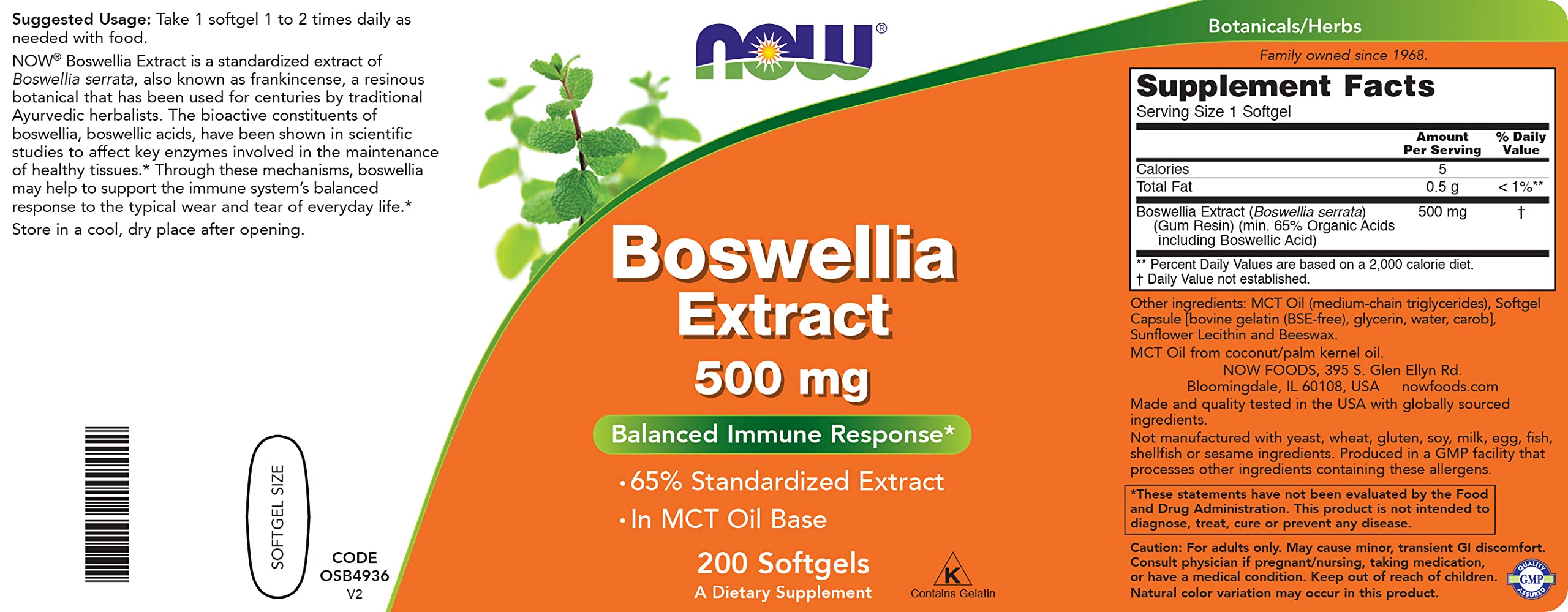 Supplement Facts panel on Now Boswellia Extract bottle