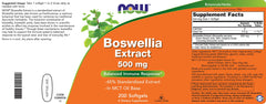 Supplement Facts panel on Now Boswellia Extract bottle