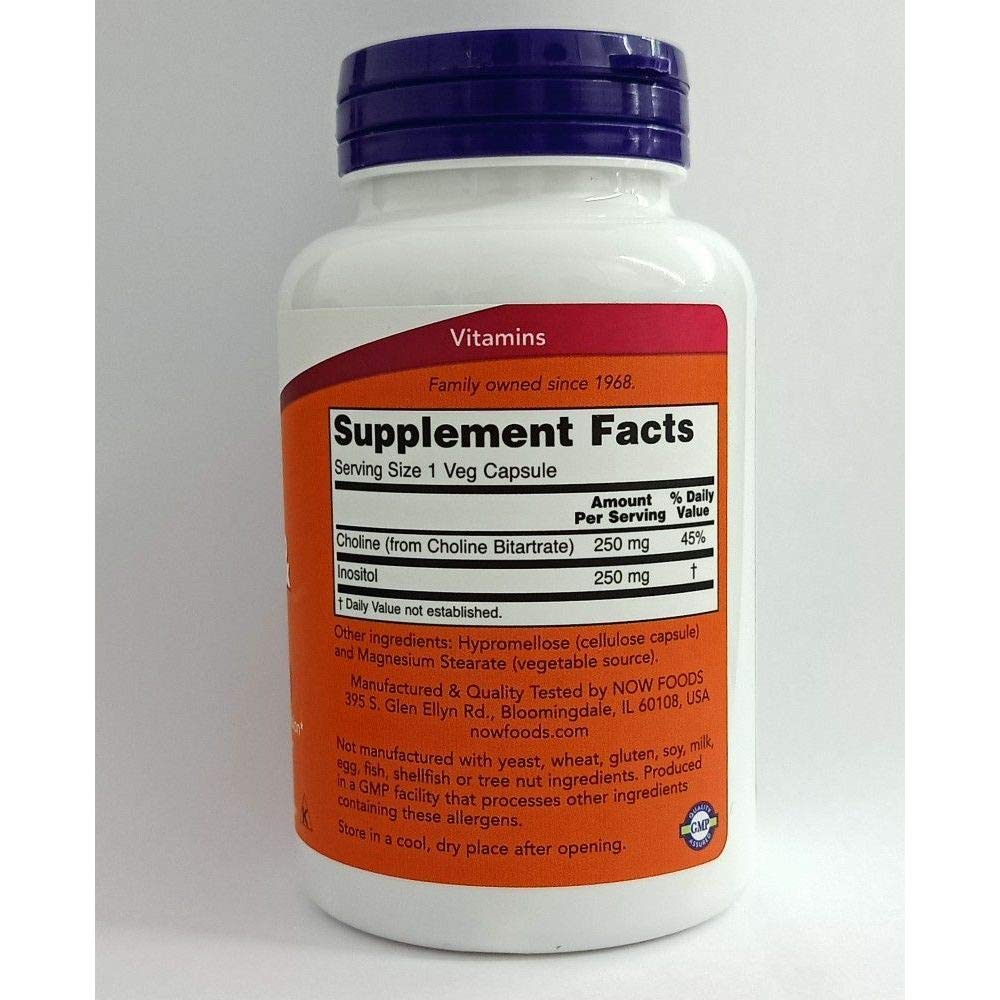 NOW Choline and Inositol bottle – supplement facts panel