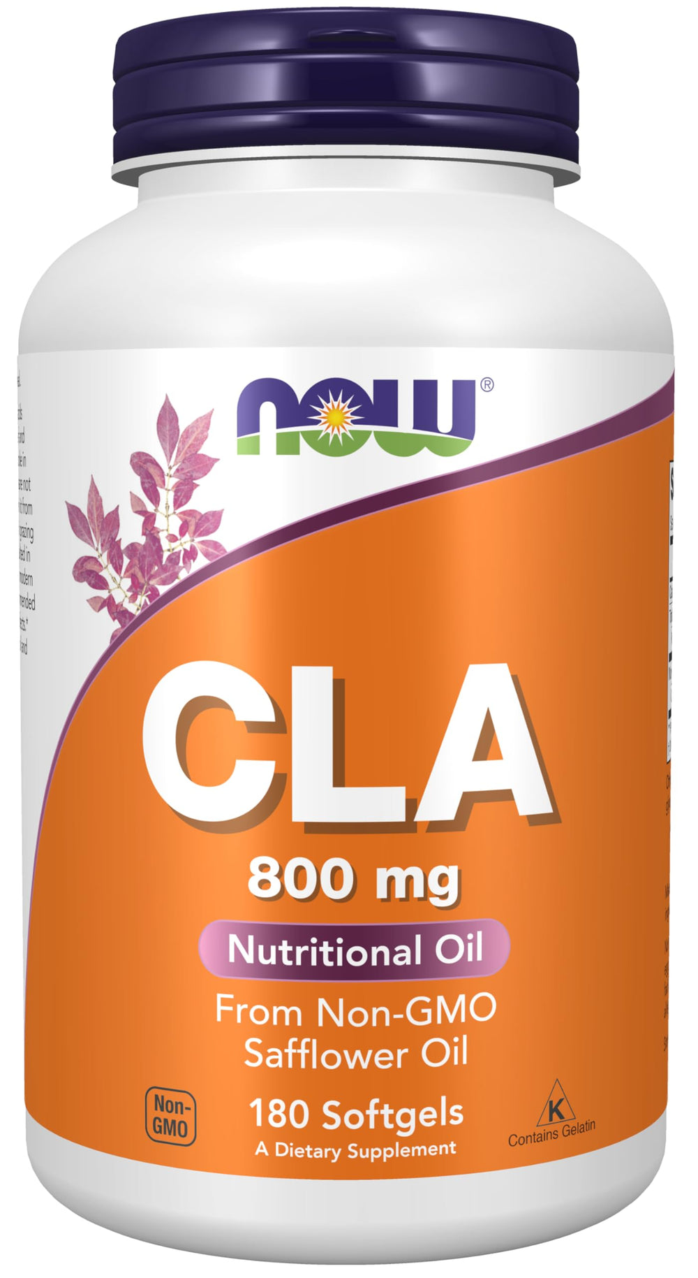 NOW CLA 800 mg softgels bottle with Non-GMO Safflower Oil label
