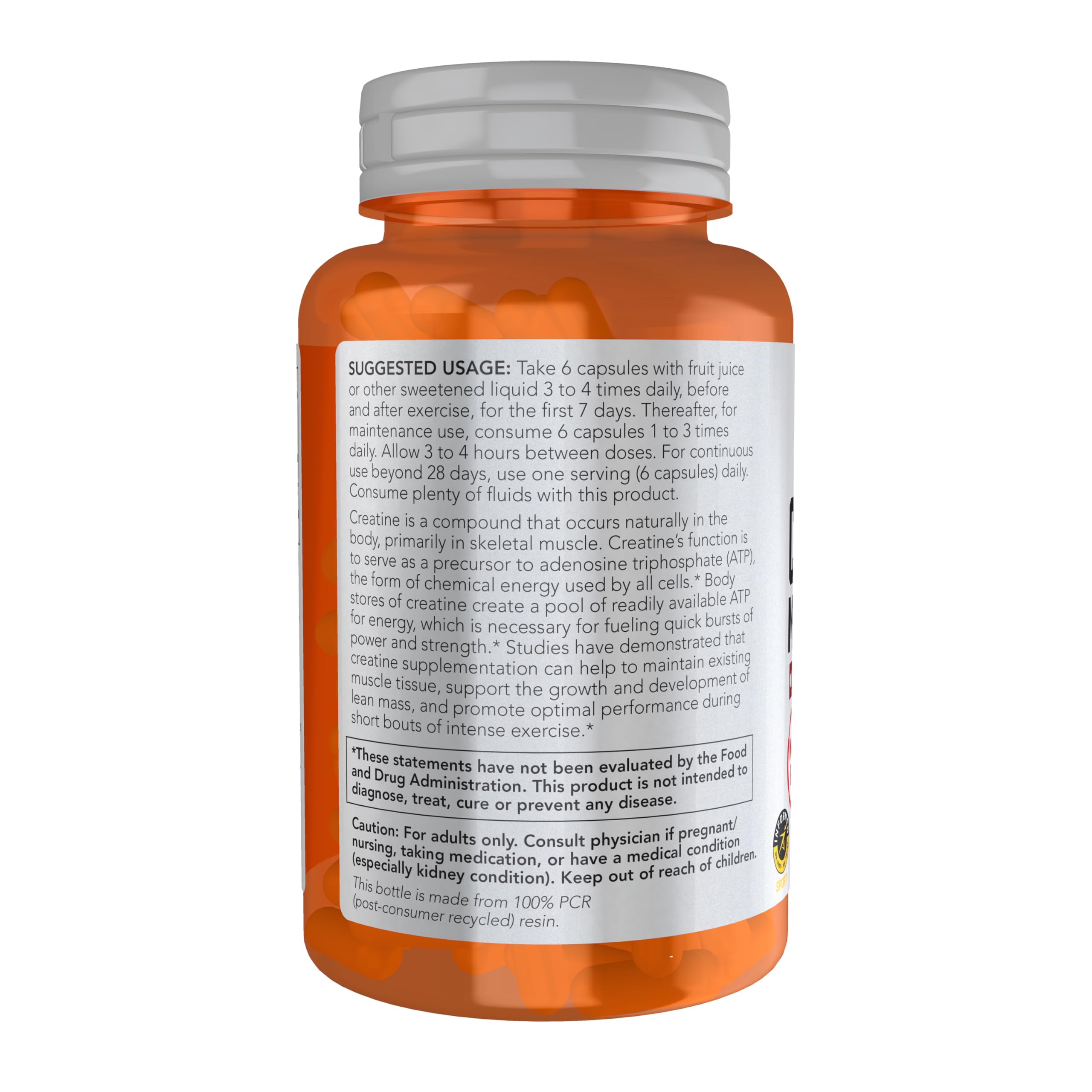 Close-up of NOW Creatine Monohydrate bottle showing 750 mg