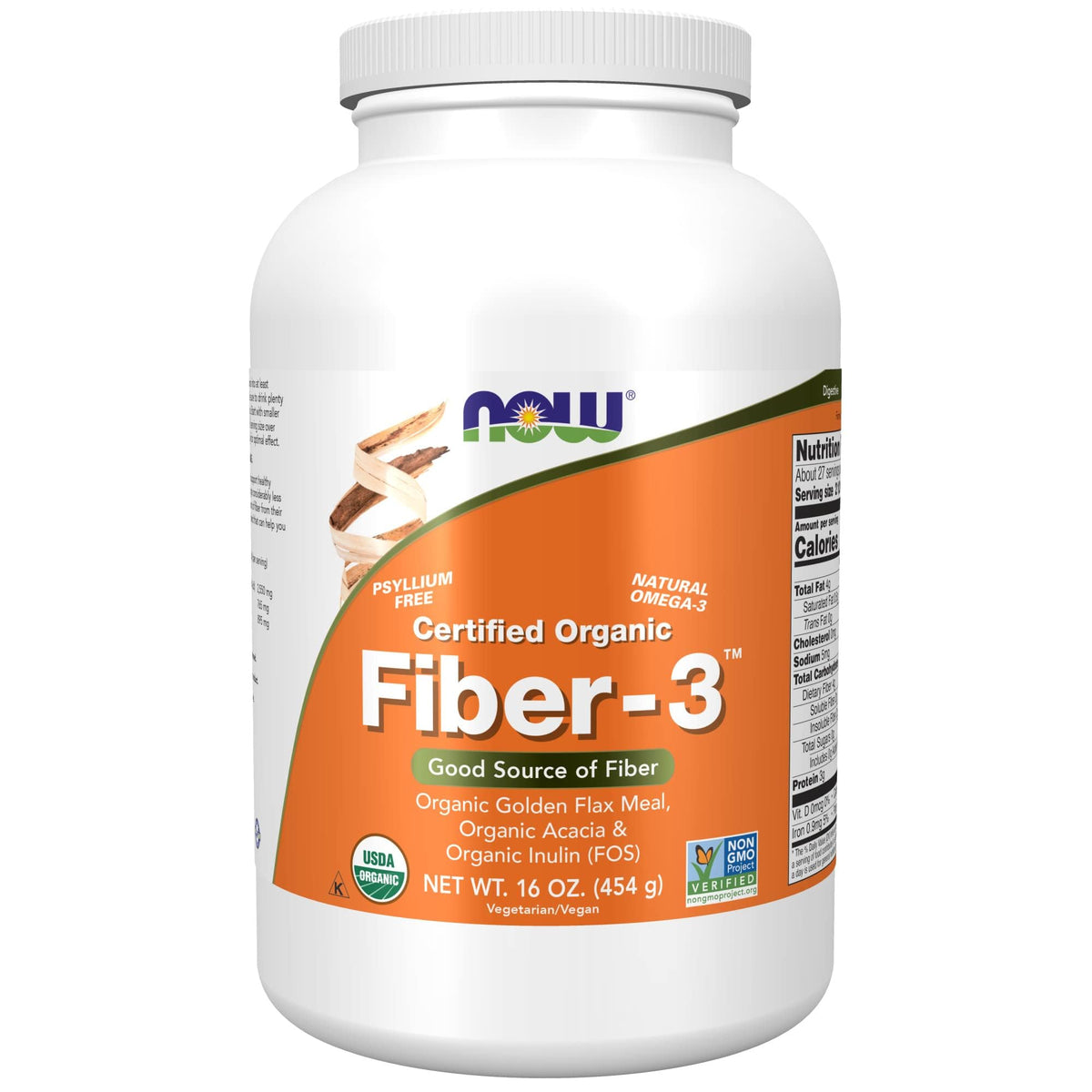 NOW Fiber-3 Organic Fiber Blend with Golden Flax, Acacia & Inulin – 16 oz