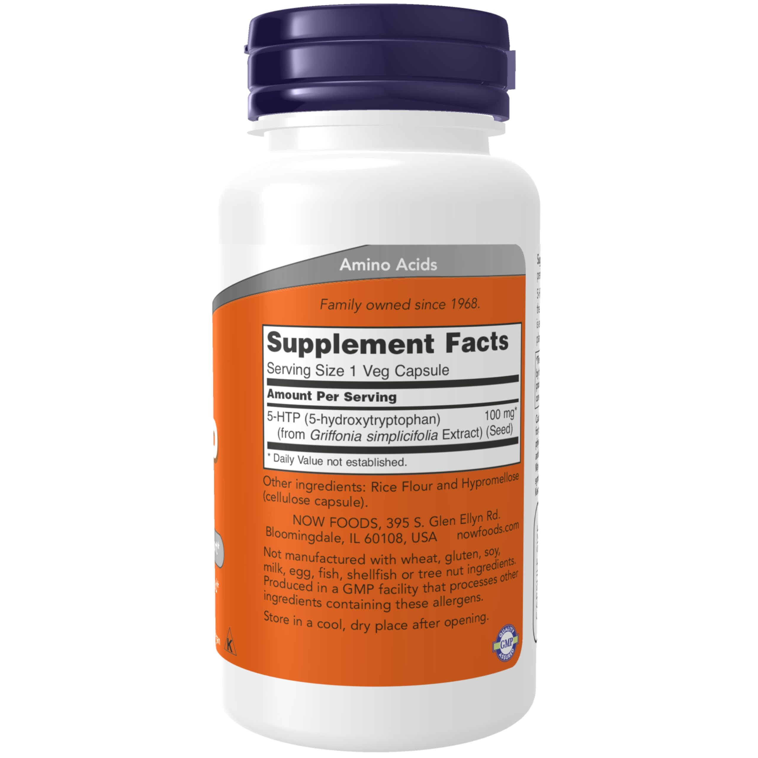 NOW Foods 5-HTP 100 mg bottle - close-up label
