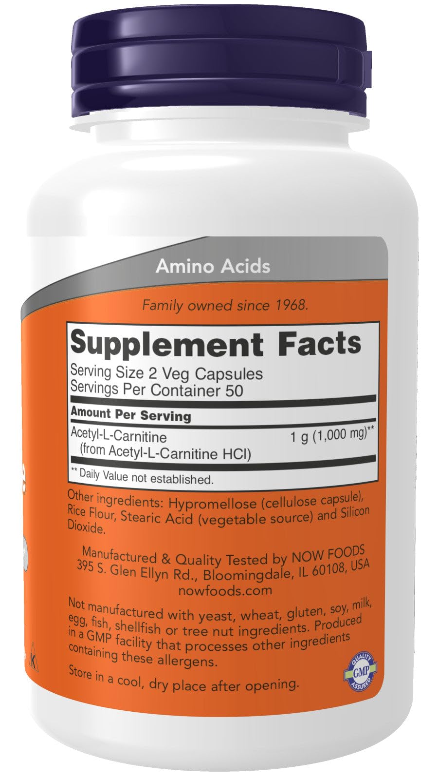 Now Foods Acetyl L-Carnitine 500 mg bottle with label