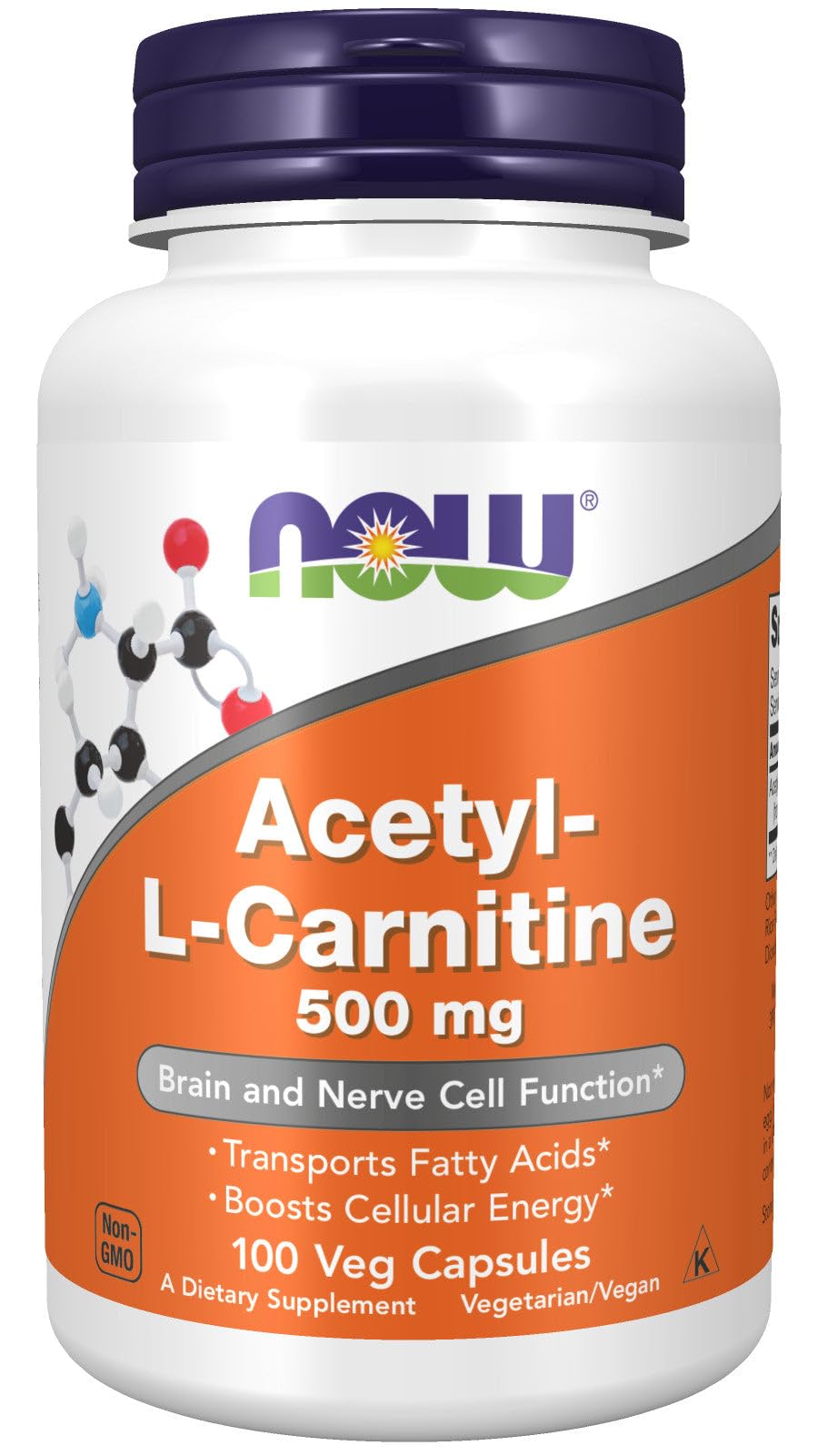 Front view of Now Foods Acetyl L-Carnitine 500 mg bottle - 100 capsules