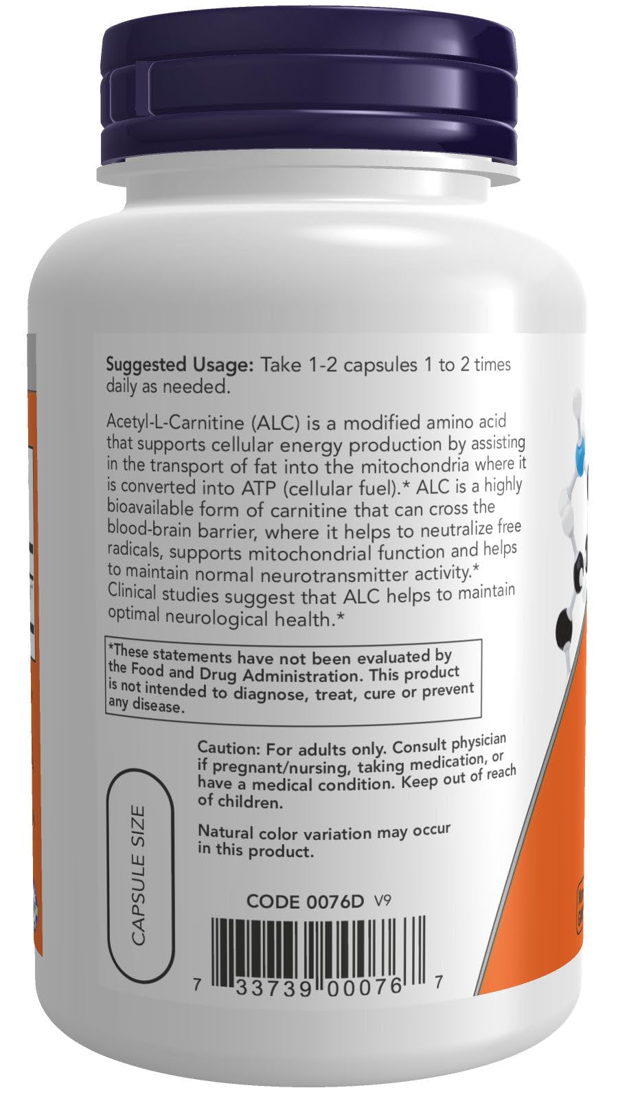 Close-up of Acetyl L-Carnitine 500 mg capsules and bottle