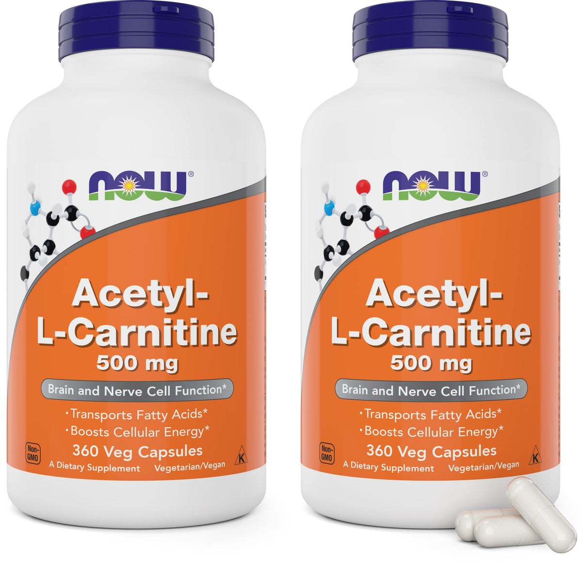 NOW Foods Acetyl L-Carnitine 500mg bottle – front view (Pack of 2)