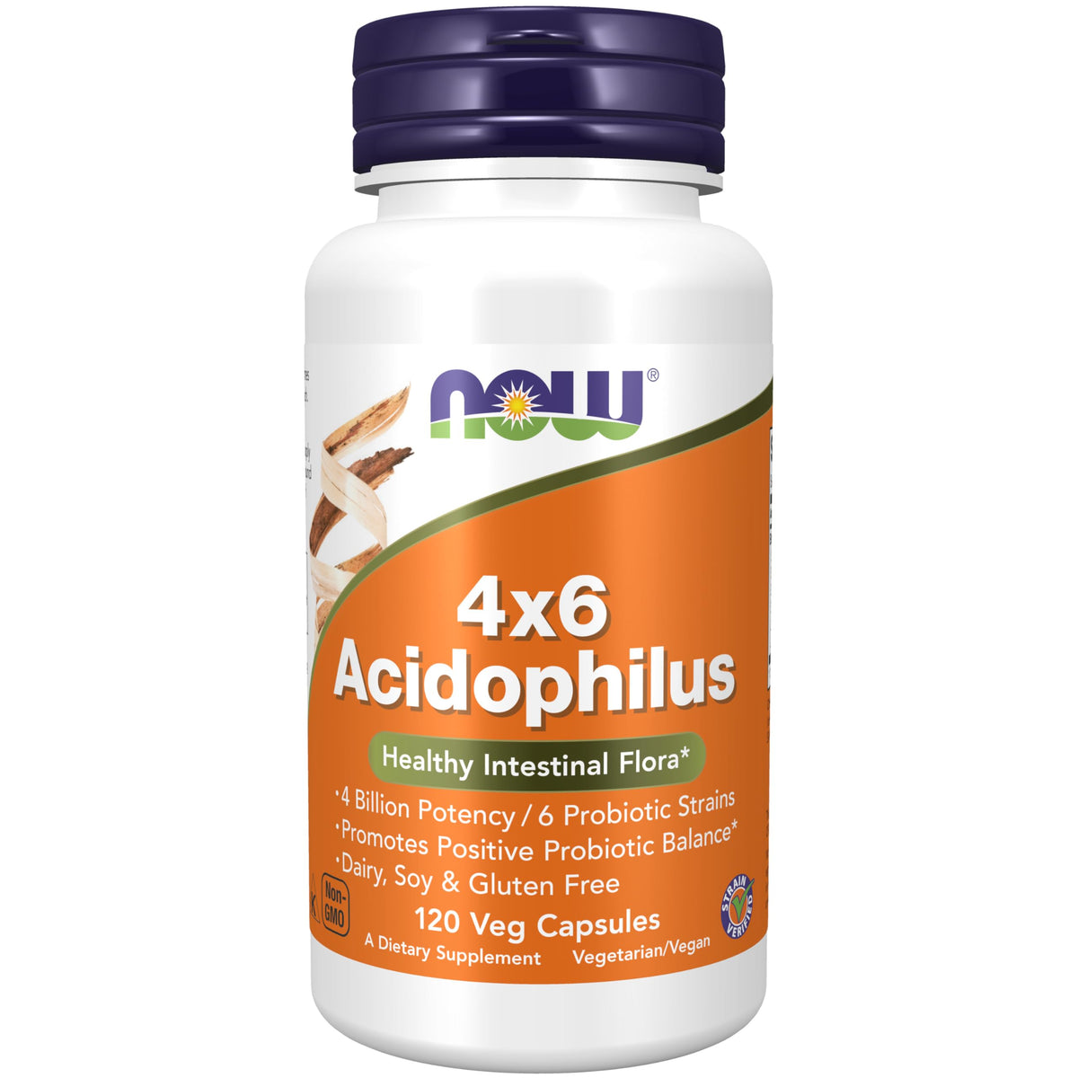 NOW Foods Acidophilus 4X6 probiotic bottle label showing 4 billion potency and 6 strains
