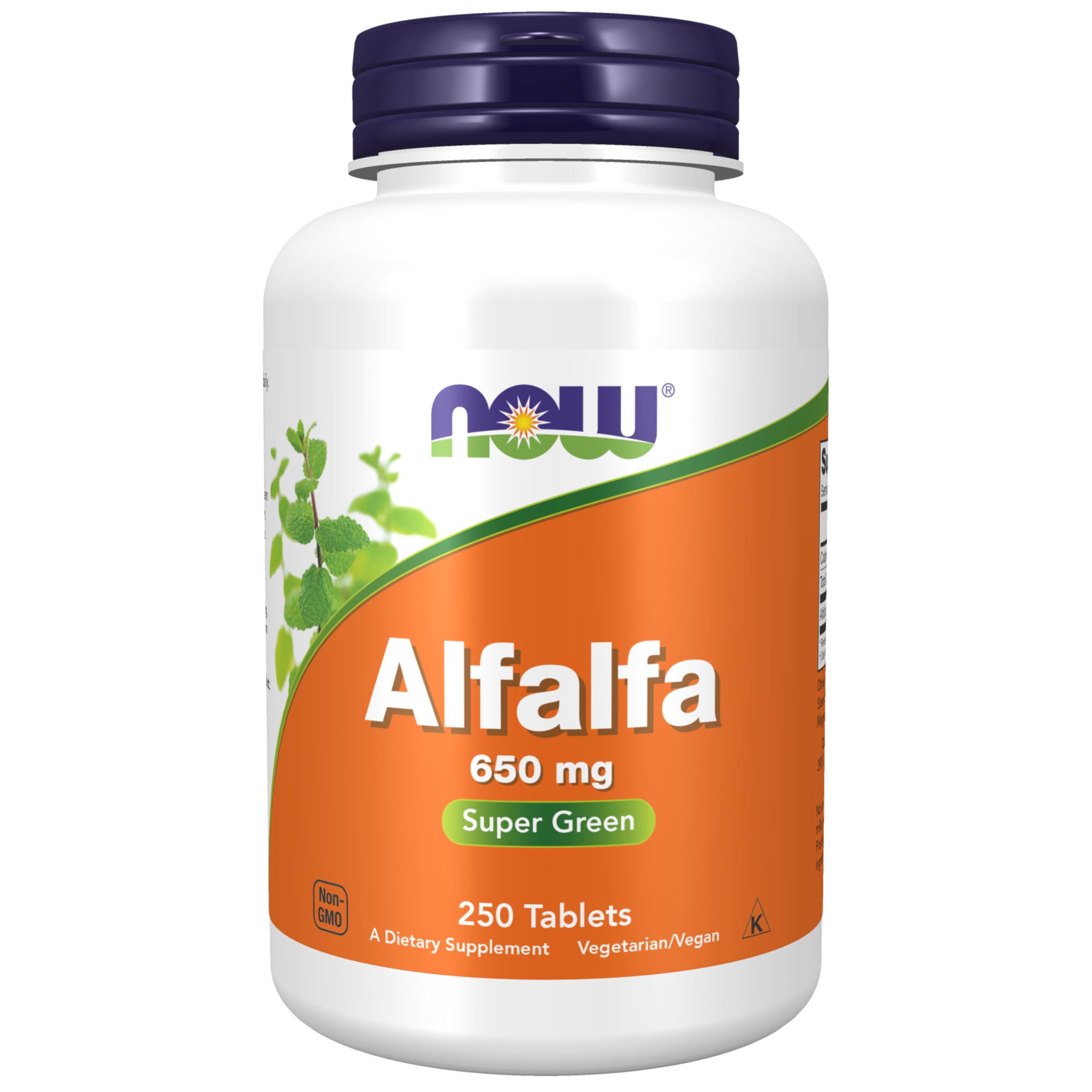 NOW Foods Alfalfa 650 mg bottle with 250 tablets – front view