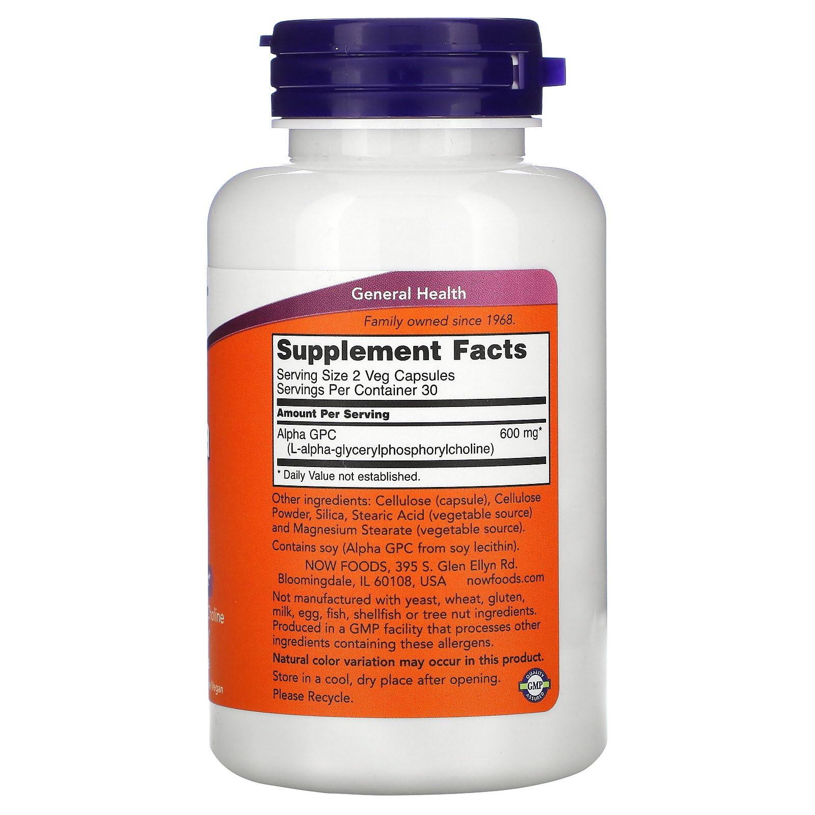 NOW Foods Alpha GPC supplement label emphasizing choline source