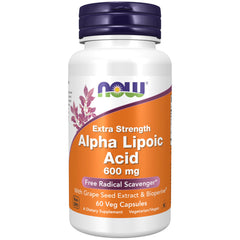 NOW Foods Alpha Lipoic Acid 600 mg bottle label featuring Bioperine and Grape Seed Extract