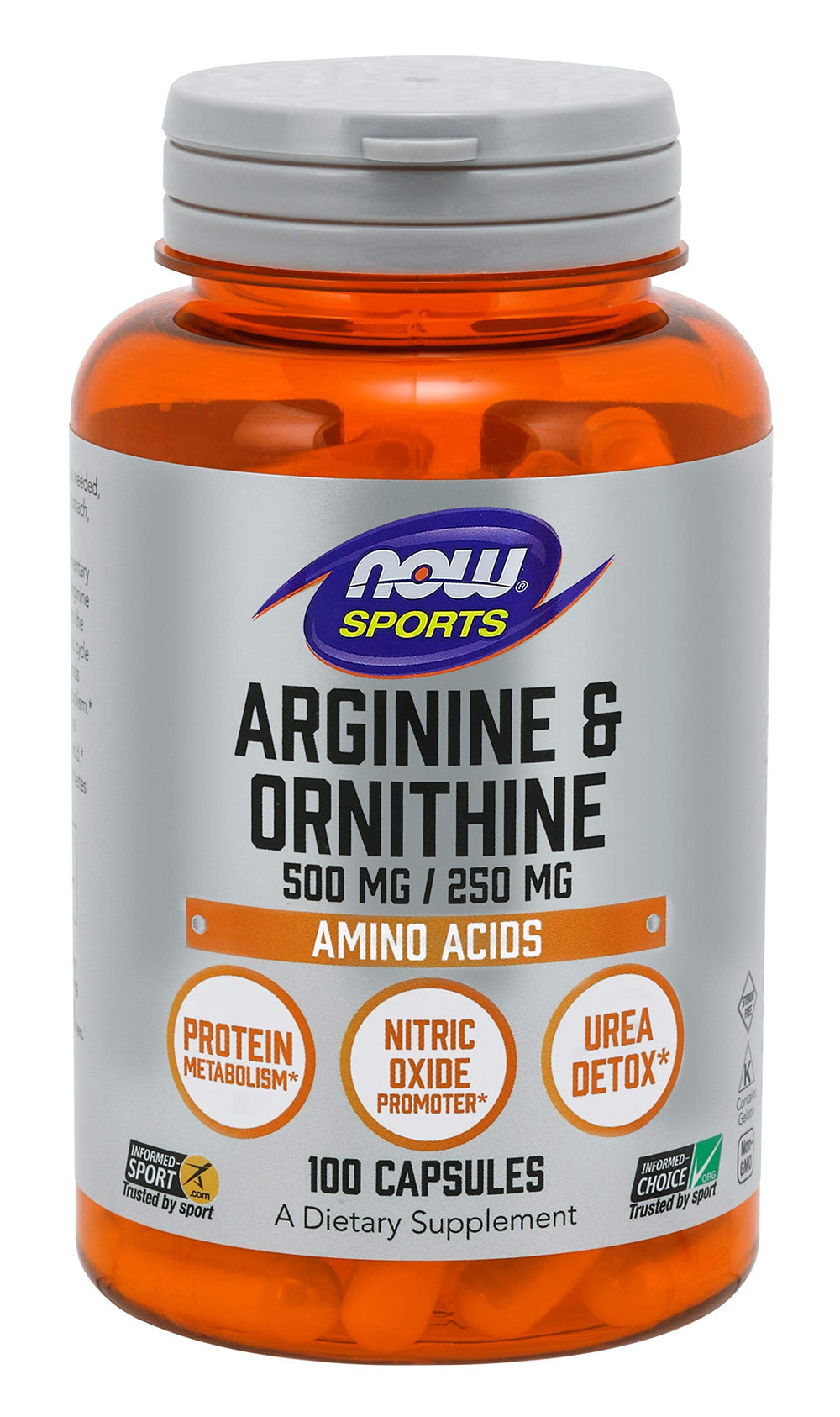 Now Foods Arginine Ornithine 100 Caps bottle label