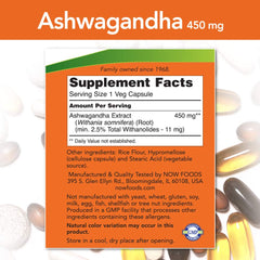 NOW Foods Ashwagandha Extract 450mg 90 VCaps label close-up
