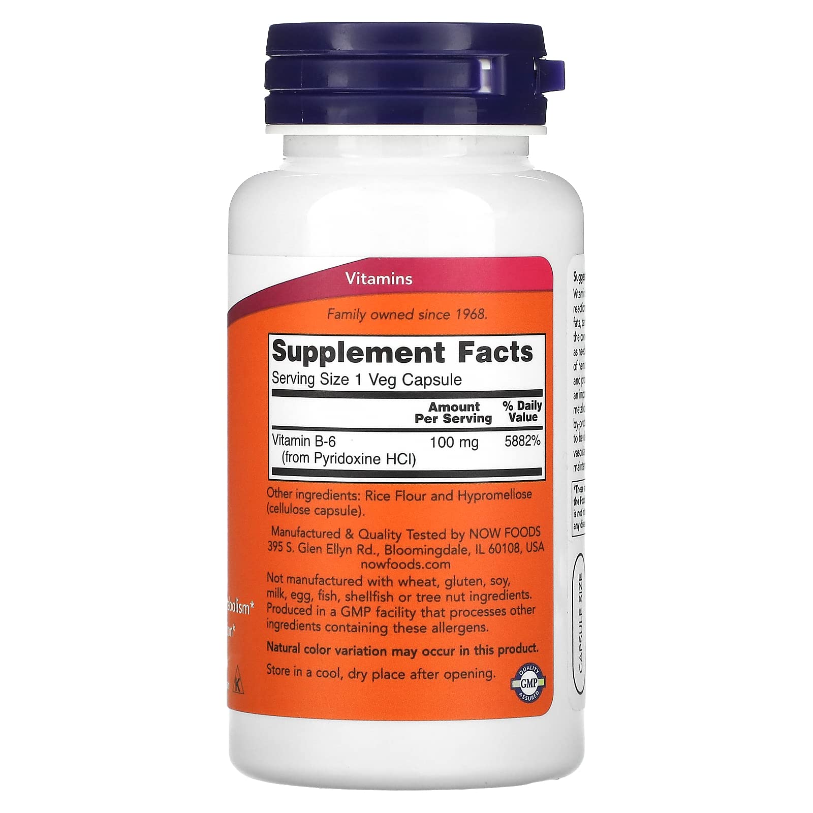 Close-up of Now Foods Vitamin B-6 supplement bottle UPC 733739004567