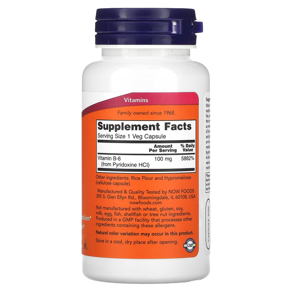 Close-up of Now Foods Vitamin B-6 supplement bottle UPC 733739004567