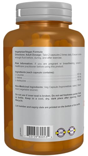 NOW Foods Branched Chain Amino Acids label showing Leucine, Isoleucine and Valine