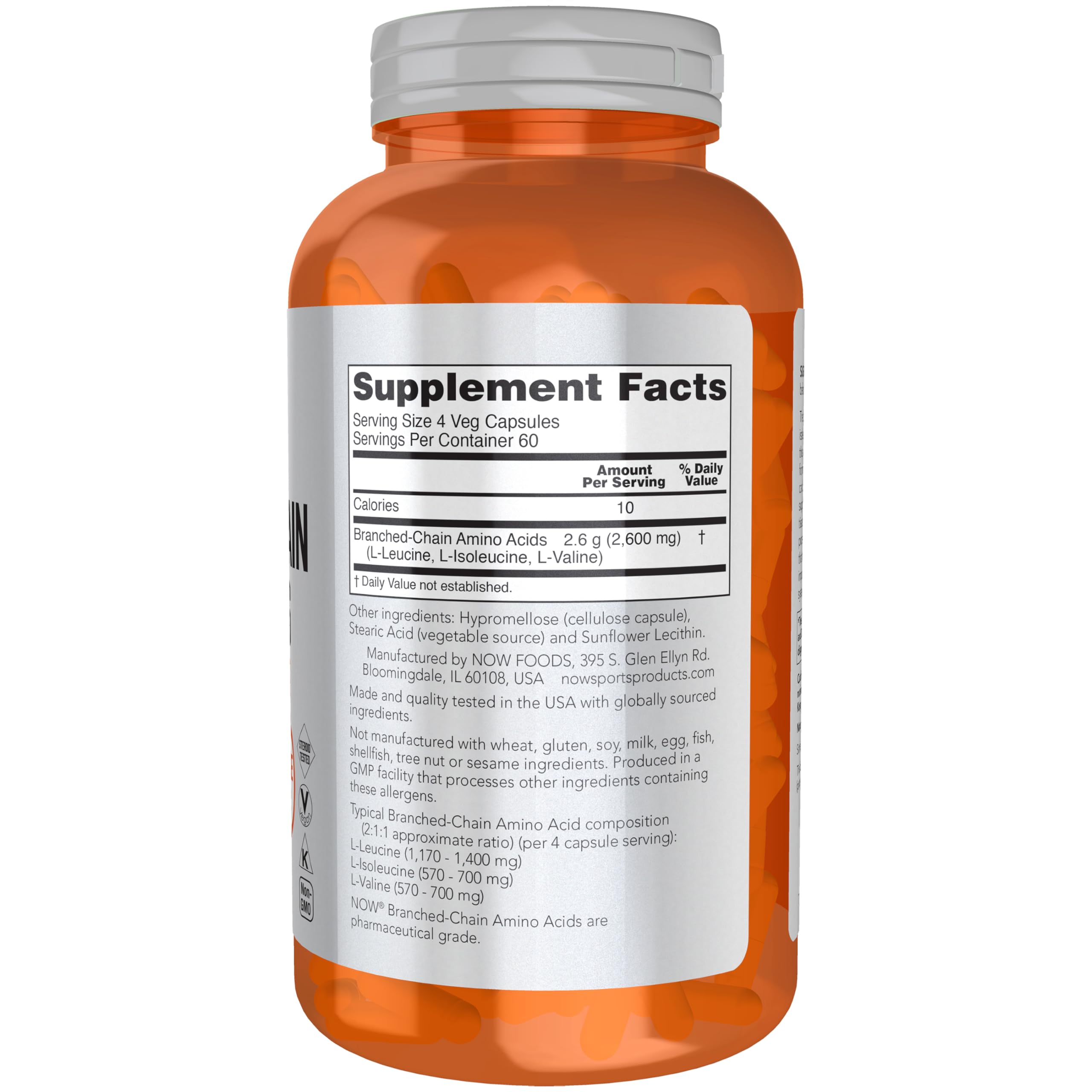 BCAA capsules in a NOW Foods bottle