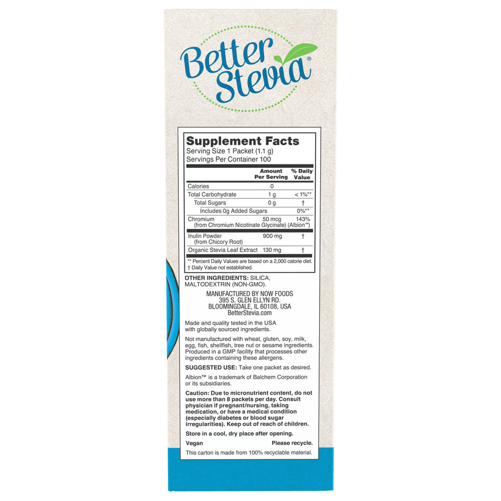 NOW Foods BetterStevia Balance 100-pack box back with nutrition info