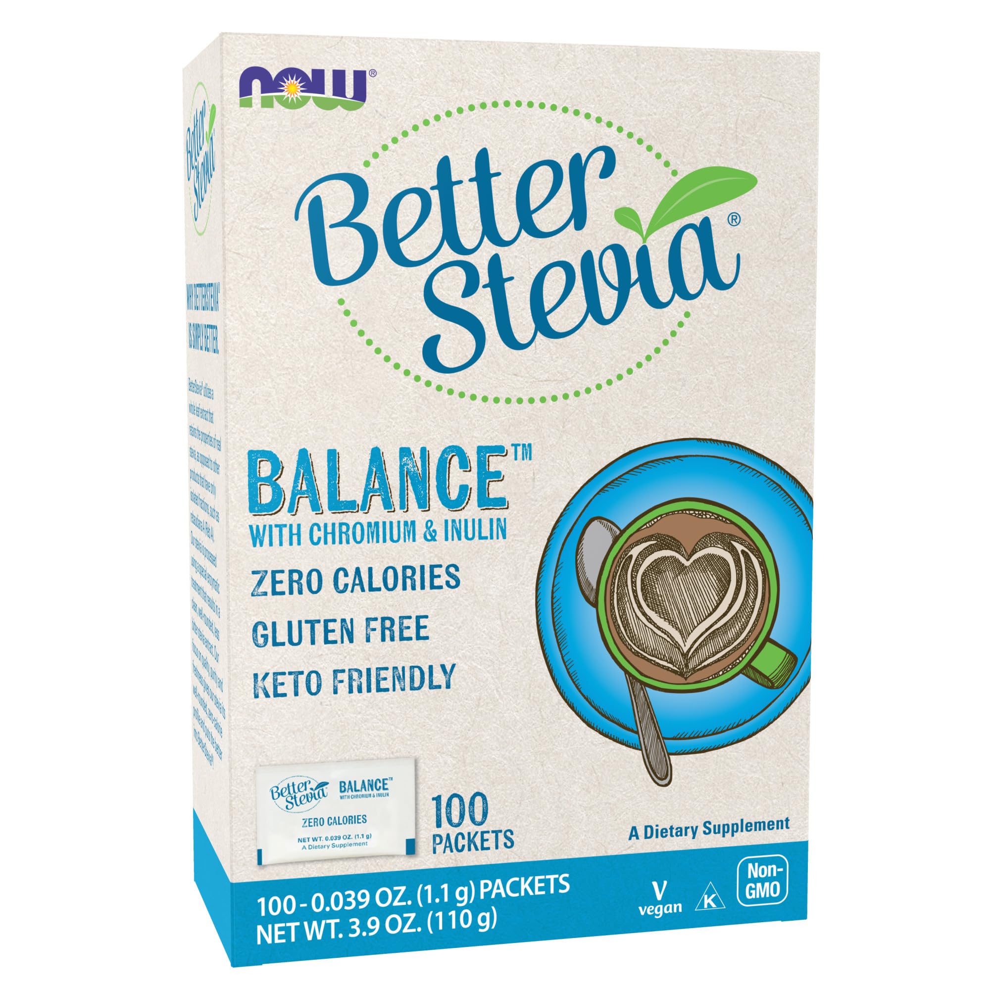 NOW Foods BetterStevia Balance box with 100 zero-calorie packets
