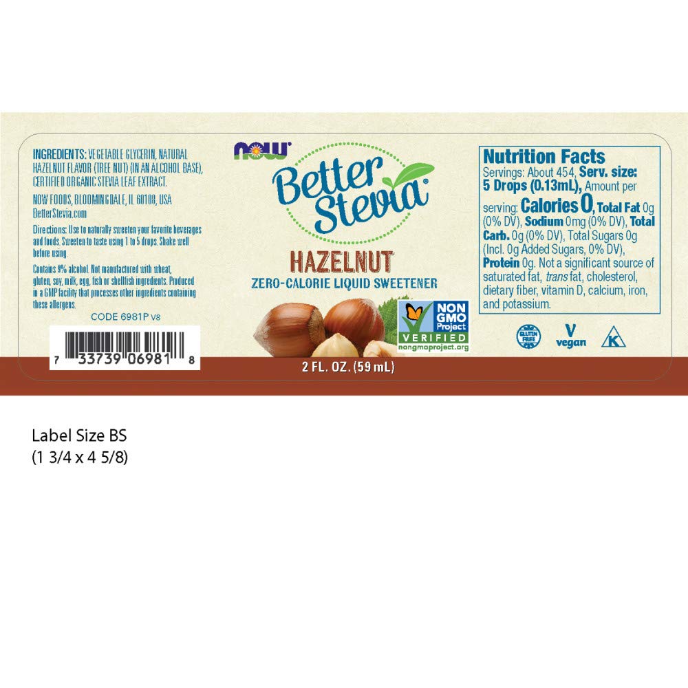 NOW Foods BetterStevia Liquid Hazelnut 2 oz bottle side view