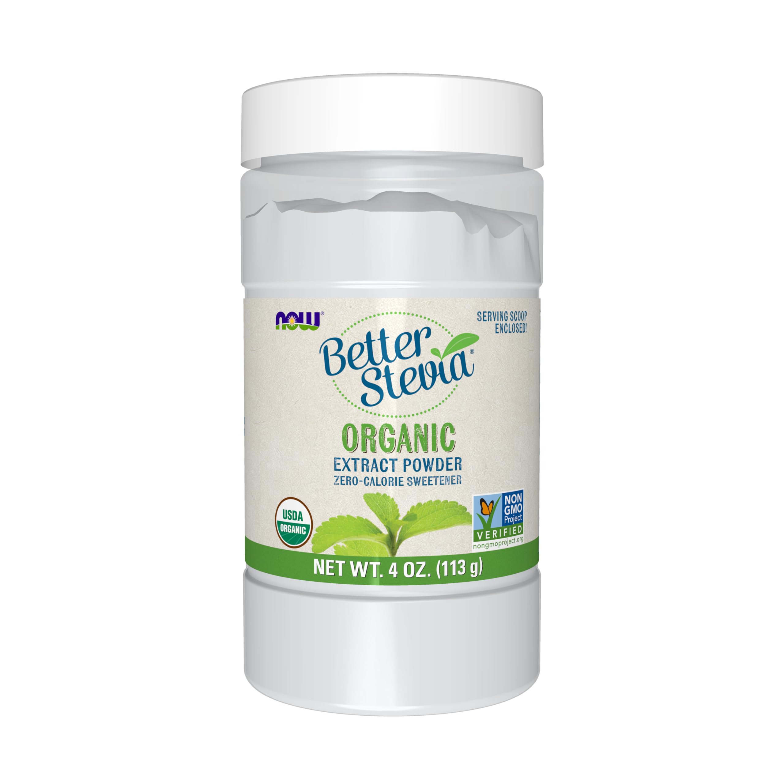 NOW Foods BetterStevia Organic Zero-Calorie Extract Powder bottle with 4 oz size