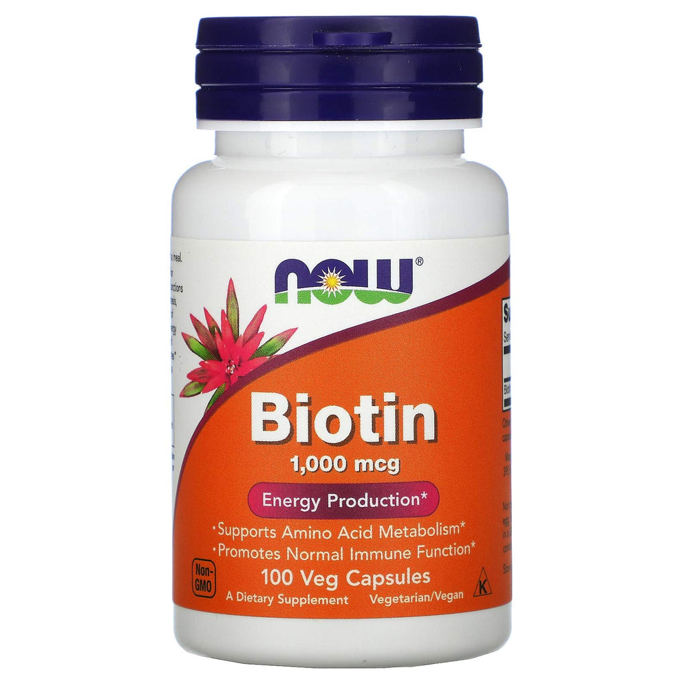 NOW Foods Biotin 1000 mcg bottle and capsule close-up