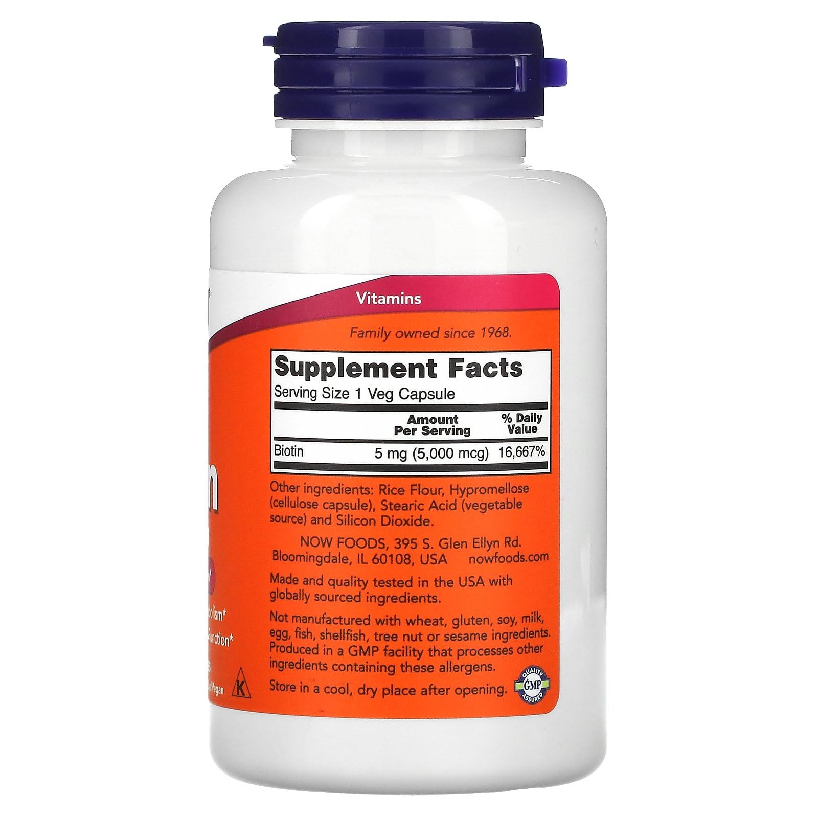 Close-up of Now Foods Biotin 5 mg Vegetarian Capsules bottle