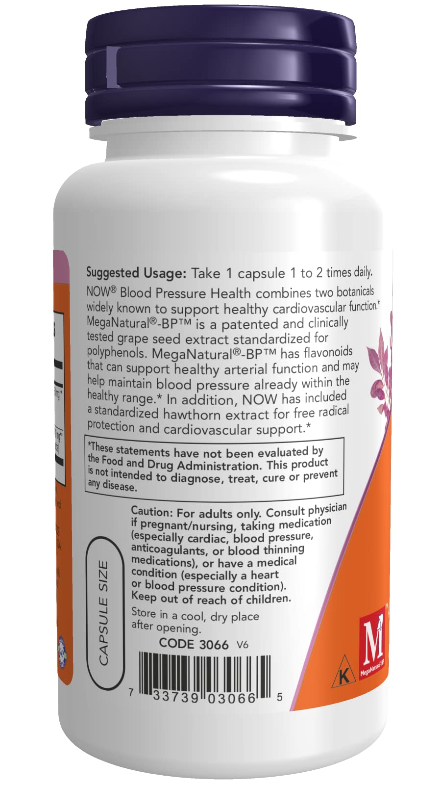 Label of Now Foods Blood Pressure Health 90 Vcaps bottle showing ingredients and dosage