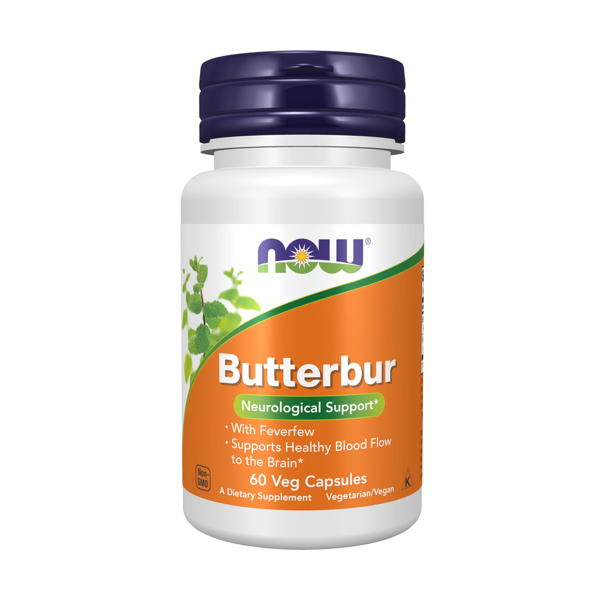 NOW Foods Butterbur with Feverfew bottle and 60 vegetarian capsules