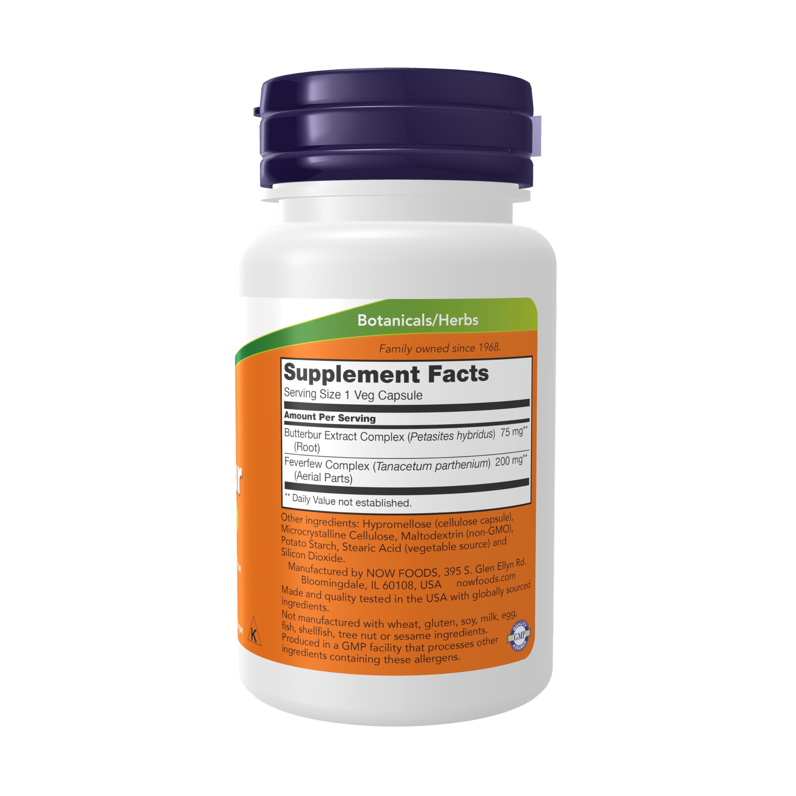 NOW Foods Butterbur with Feverfew product label close-up