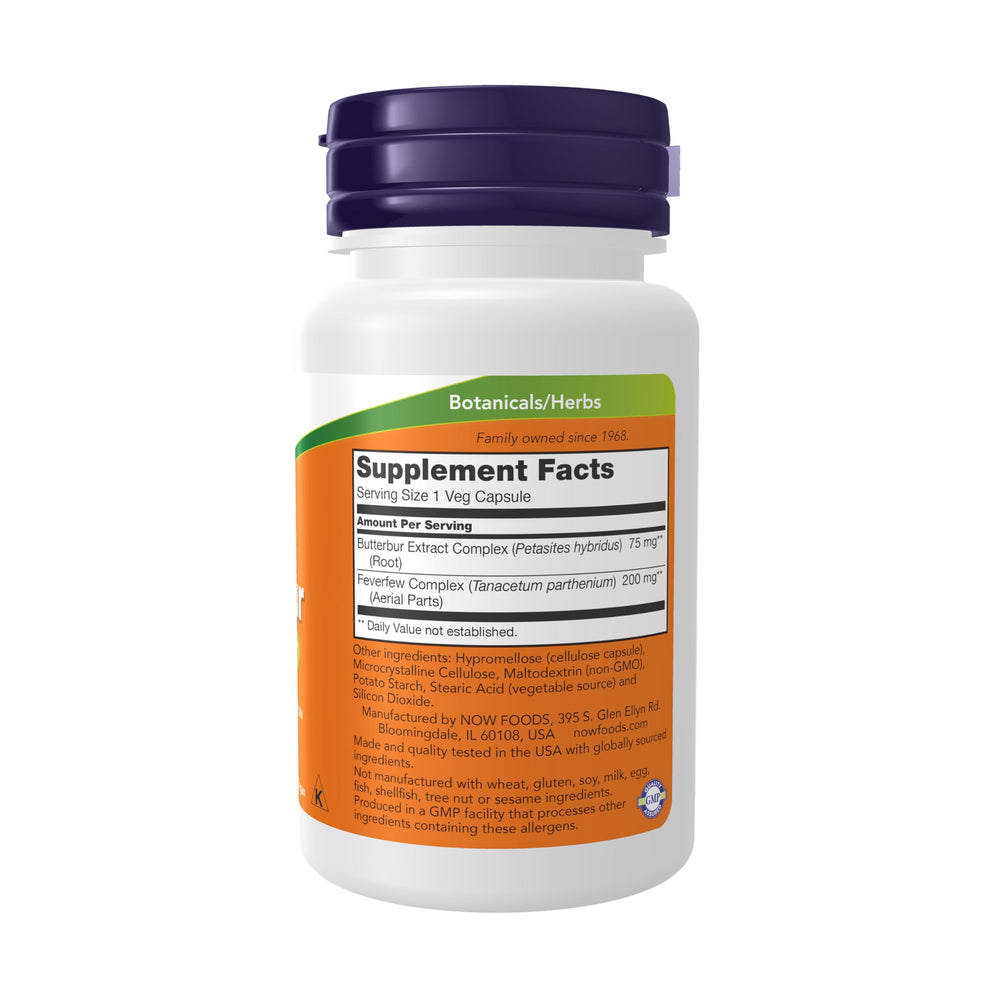 NOW Foods Butterbur with Feverfew product label close-up