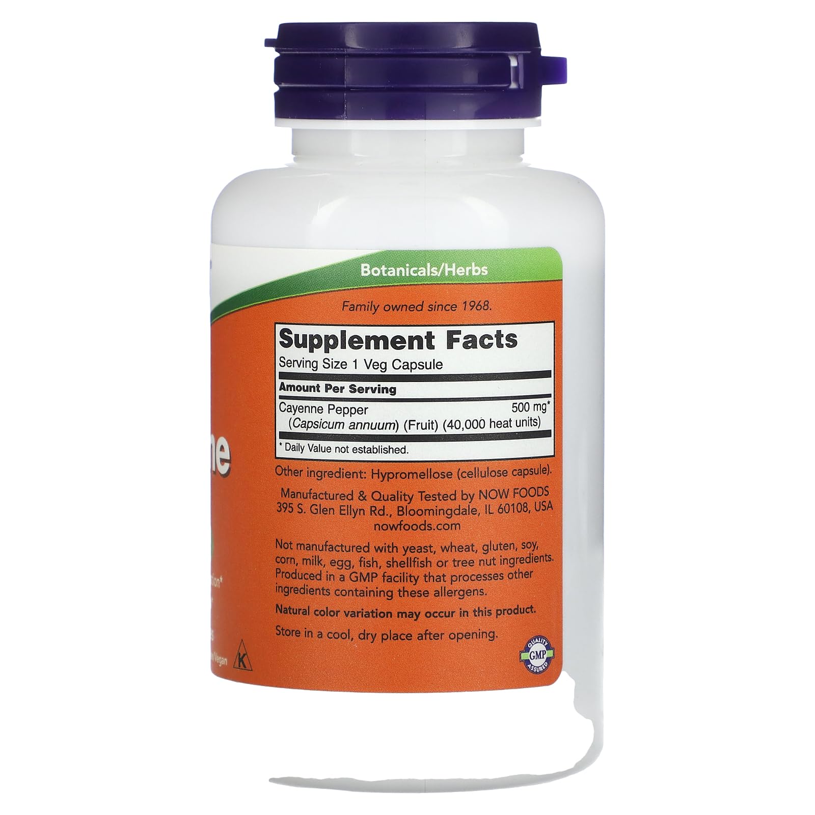 Close-up image of Now Foods Cayenne 500mg 100 Vcaps capsules