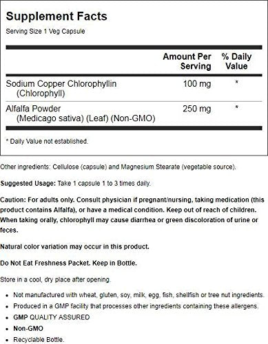 NOW Foods Chlorophyll 100 mg 90 Veg Capsules bottle back label