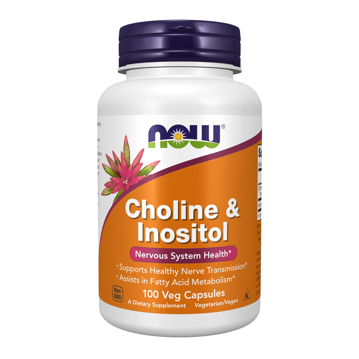 NOW Foods front bottle view showing choline and inositol supplement for nervous system support