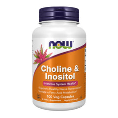 NOW Foods front bottle view showing choline and inositol supplement for nervous system support