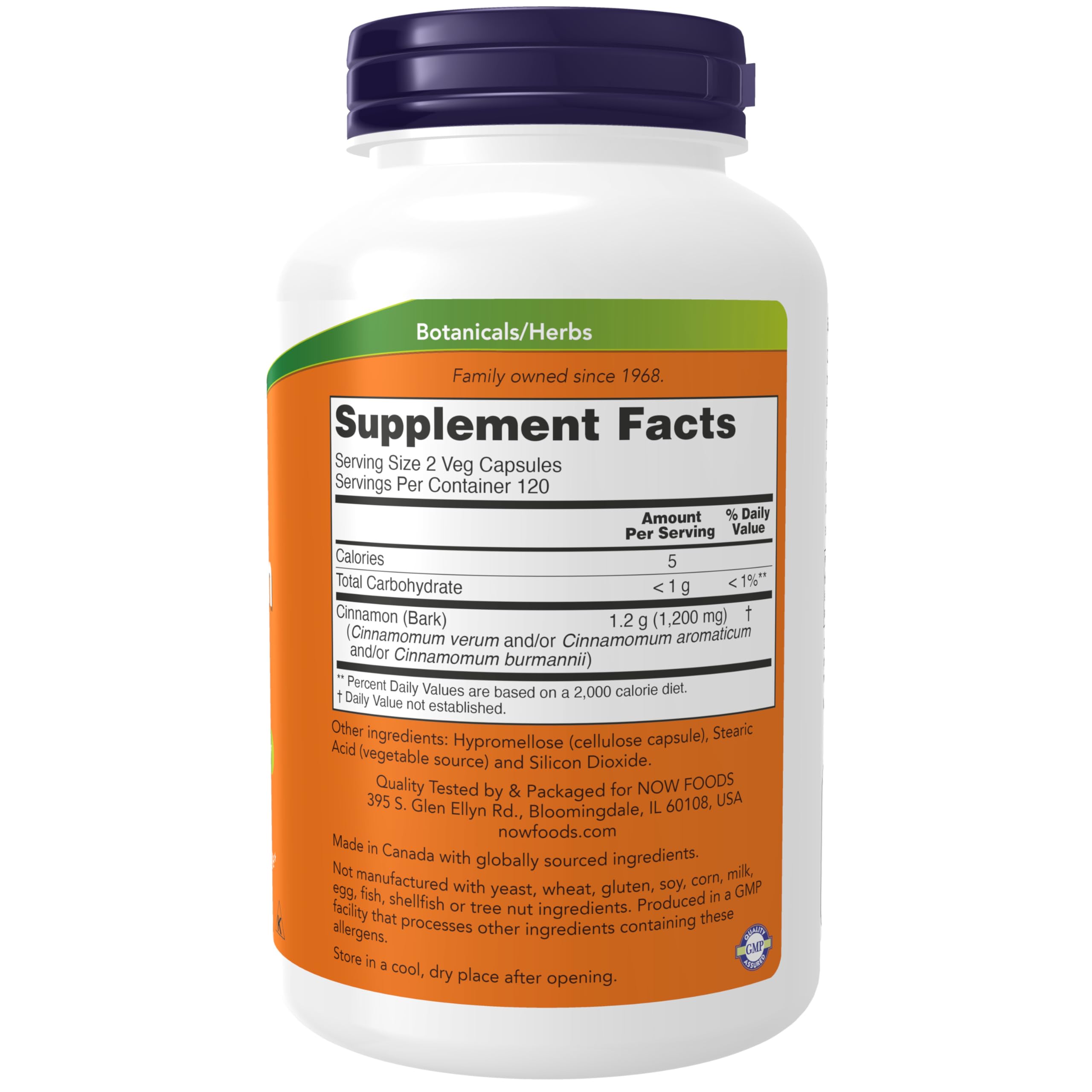 Ingredients panel showing cinnamon bark 600 mg per capsule