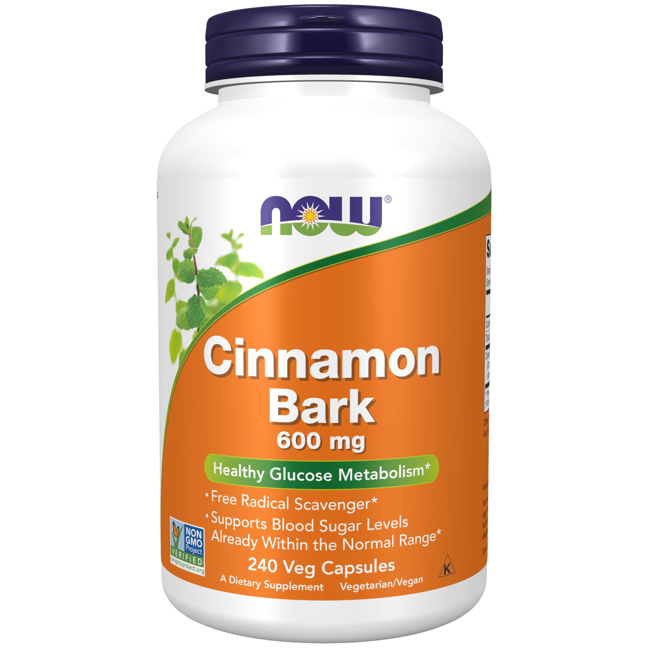 Front view of NOW Foods Cinnamon Bark 600 mg vegetarian capsules bottle