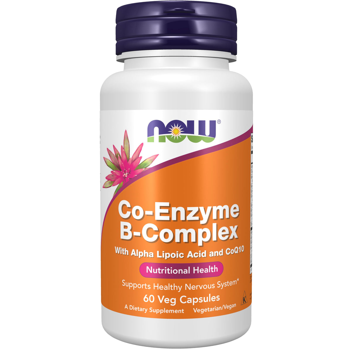 NOW Foods Co-Enzyme B-Complex with Alpha Lipoic Acid and CoQ10 front view, 60 vegan capsules