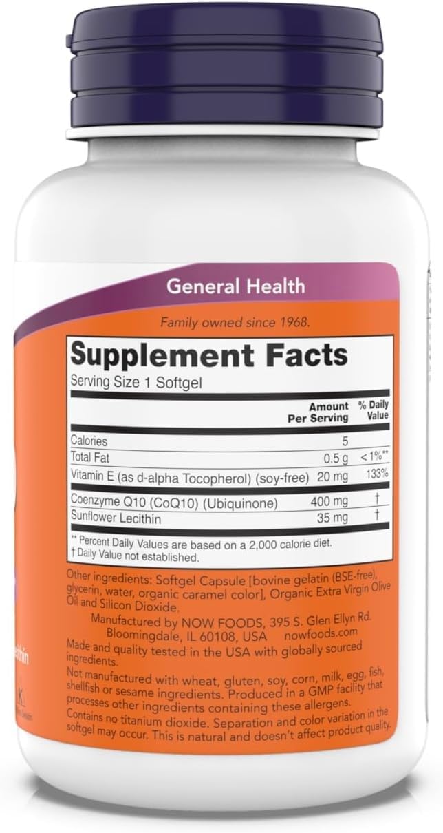 Close-up of NOW CoQ10 bottle highlighting 400 mg softgels