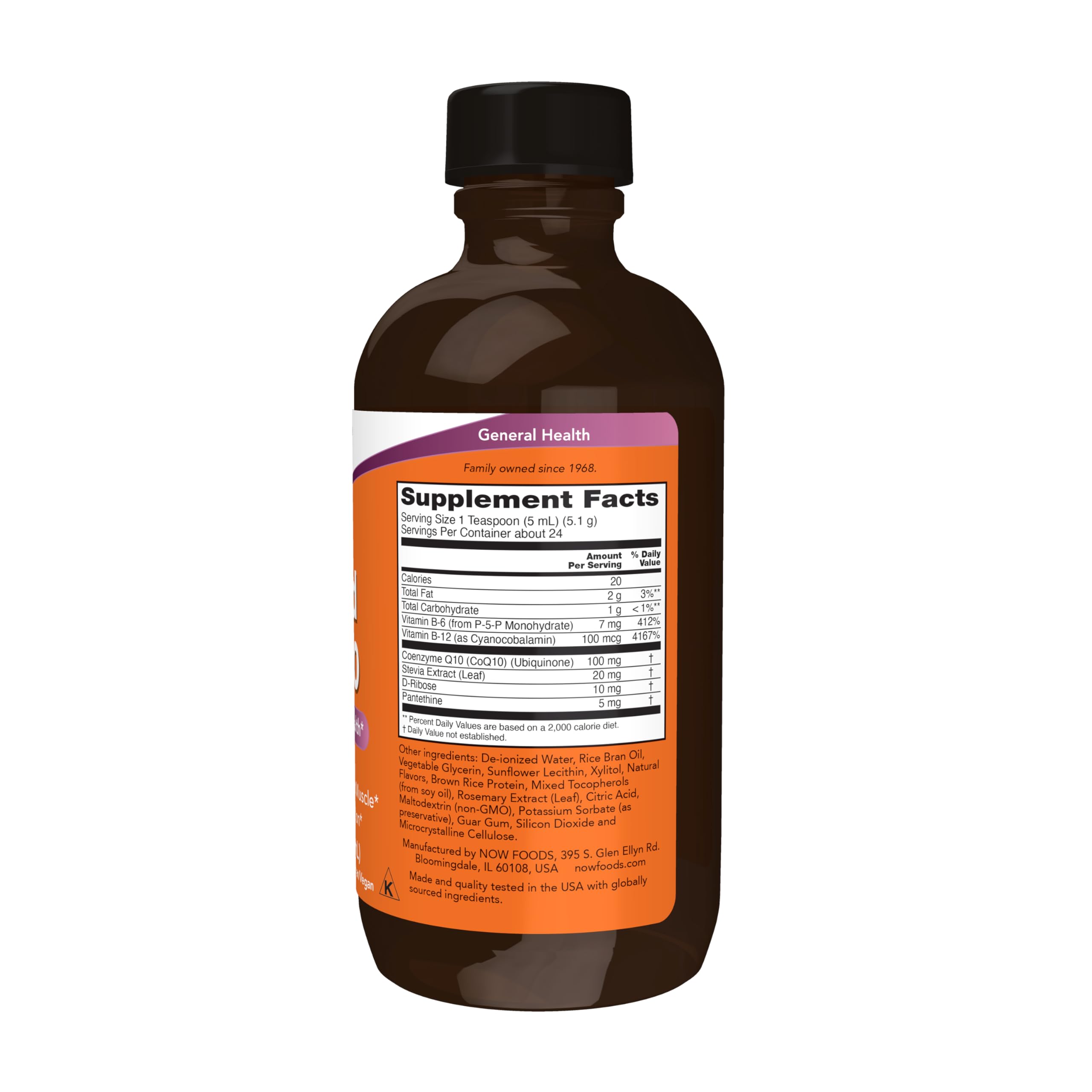 NOW Foods CoQ10 Liquid orange-label bottle highlights natural flavor option.