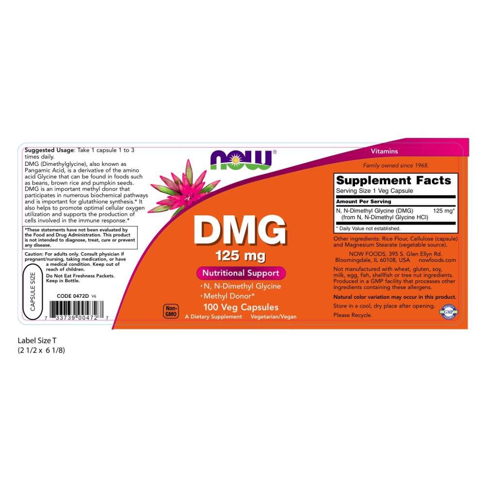 Now Foods DMG 125 mg bottle – back label with supplement facts