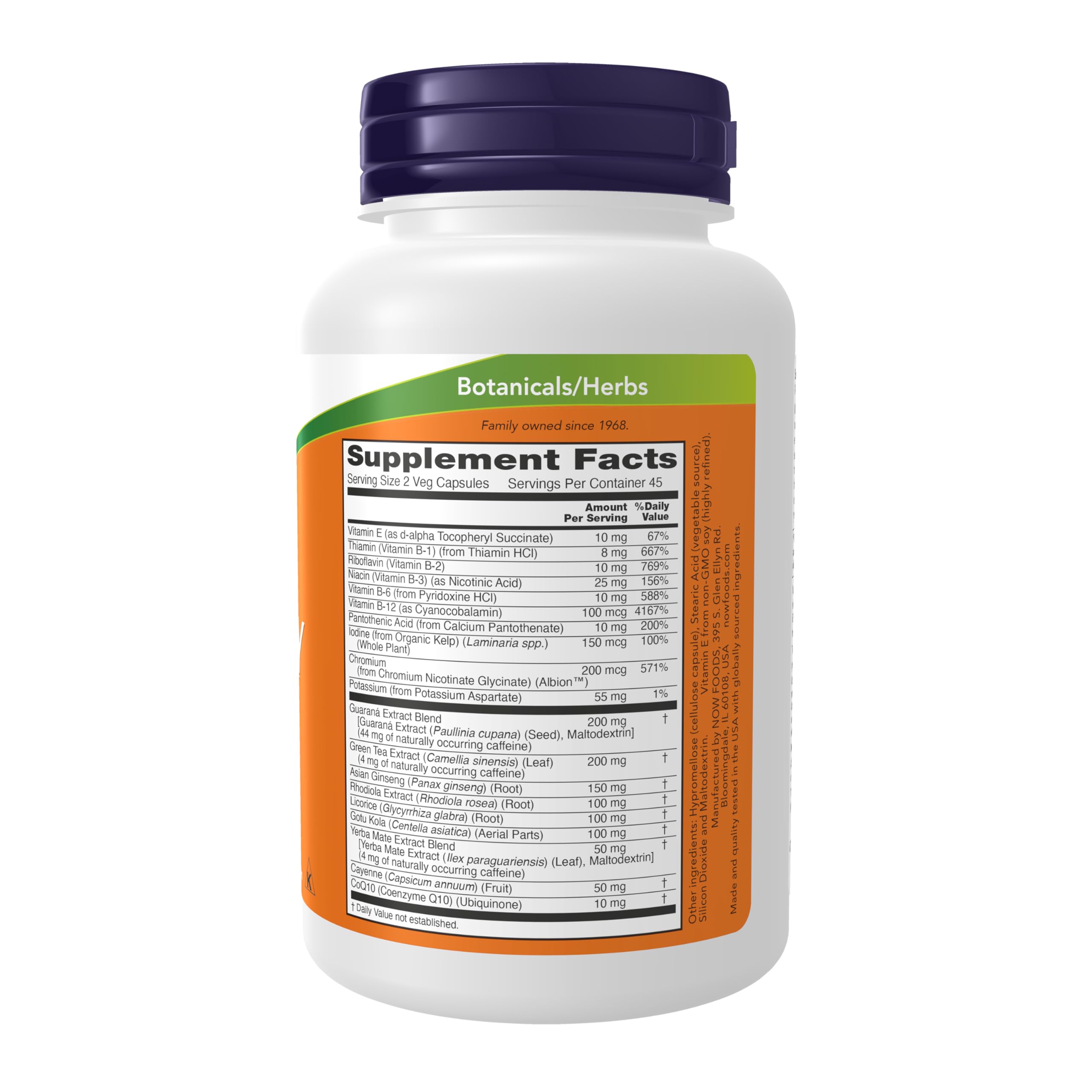 NOW Foods Energy capsules close-up highlighting natural caffeine sources for steady energy.