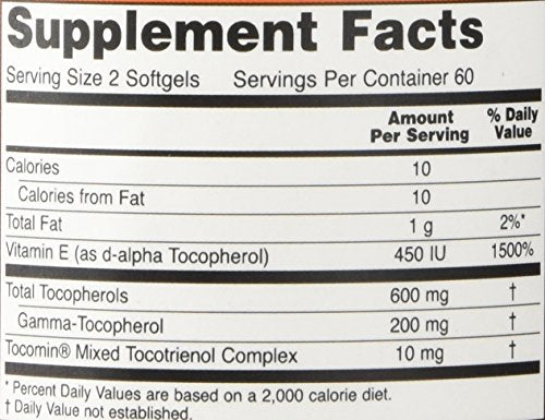 Label showing mixed tocopherols and tocotrienols in Now Foods Gamma E Complex