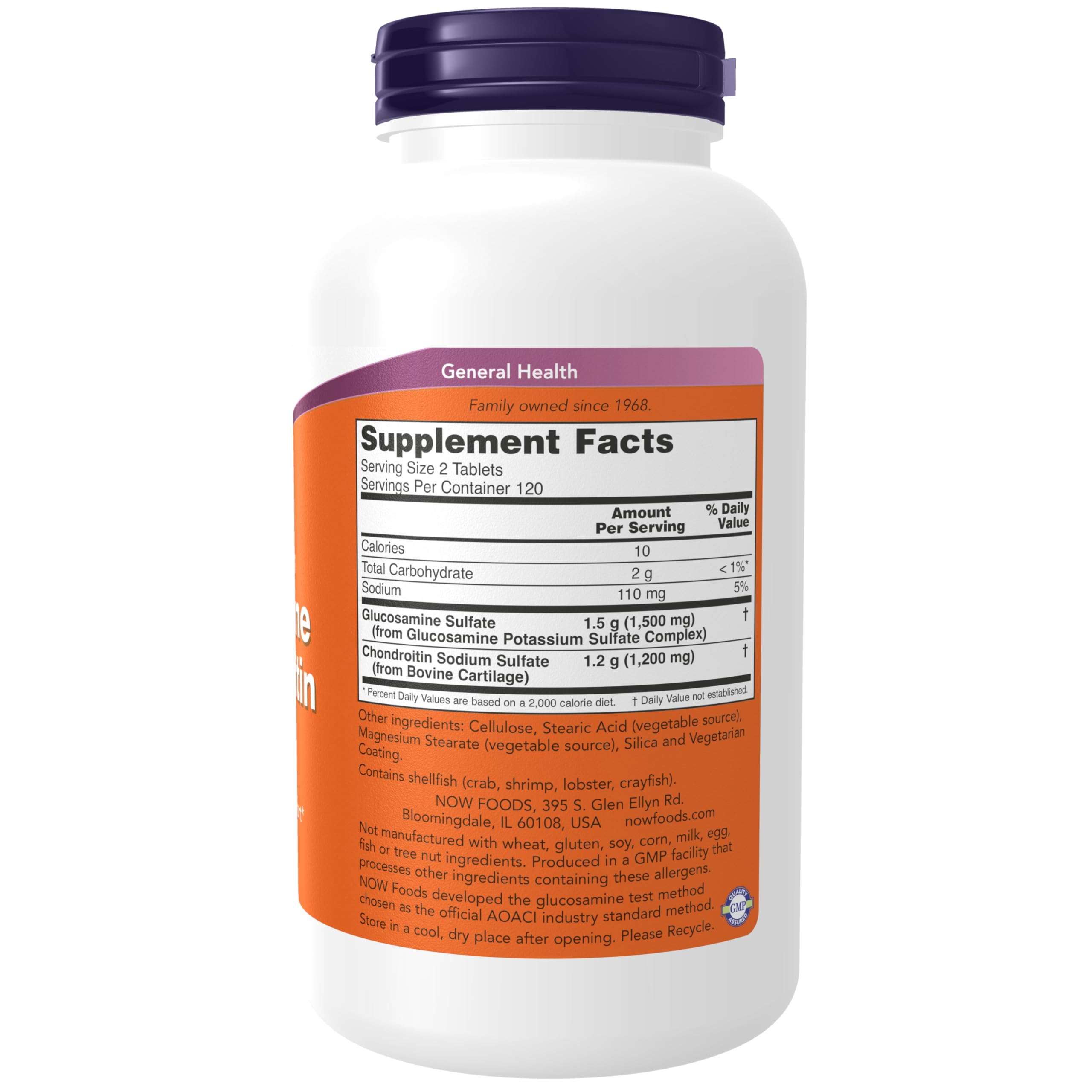 Close-up of tablets showing 750 mg Glucosamine and 600 mg Chondroitin per tablet